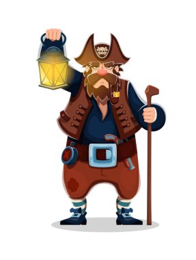 Corsair pirate captain with lantern cartoon character. Filibuster captain cheerful isolated personage. Grumpy old pirate sailor character in tricorn hat, smoking pipe, holding lantern light and staff