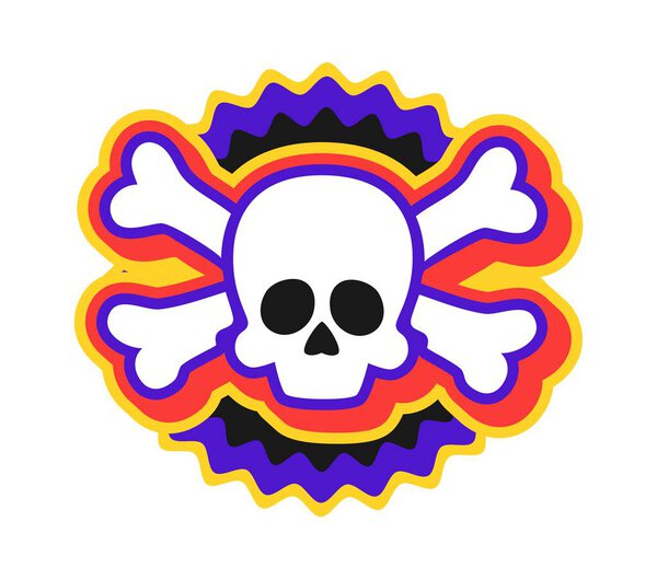 Pirate skull and bones retro Y2K sticker or symbol. Filibuster nautical 60s Y2K sticker, corsair treasure hunting vector patch. Piracy and marine tag with Jolly Roger human skull and crossed bones