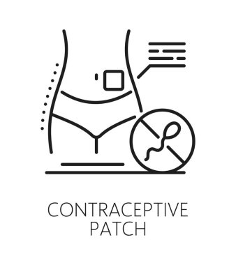 Contraceptive patch contraception method line icon. Pregnancy prevention method vector pictogram, family planning technique sign. Contraception symbol with birth control hormone patch on woman body
