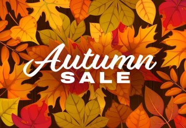 Sonbahar indirimi afişi, kırmızı, turuncu, kırmızı ve kahverengi akçaağaç yaprakları, meşe, kestane ve huş ağacı yaprağı. Mevsimlik indirimler ve sonbahar indirimli sonbahar indirimi afişleri.