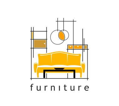 Mobilya tasarım stüdyosu, daireler dekorasyonu ve sahne düzenlemesi için iç mekan ikonu, vektör çizgisi işareti. Mobilya mağazası ve ev içi sergi odası amblemi ince sıra halinde bir yatak veya gardırop ve lambalı kanepe.