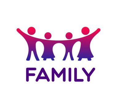 Aile simgesi, aile ve çocukların silueti, vektör amblemi. Mutlu çocukların aile ikonu, anne ve baba ellerinde sevgi ve sosyal destek ya da ortaklık için kucaklaşırlar.