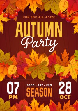 Ahşap arka planda sarı, turuncu ve kırmızı yapraklar ve böğürtlenlerle süslenmiş sonbahar partisi posteri veya broşürü. Sonbahar festivali ve parti davetlisi sonbahar yaprakları