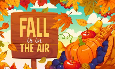 Sonbahar mevsimsel hasat festivali havasında. Selamlar, kornucopialı vektör pankartı. Turuncu balkabakları, kırmızı elmalar, armutlar ve üzümler, mısır koçanları ve sonbahar yaprakları sonbahar alıntıları için.