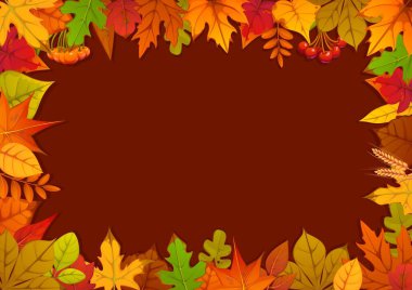 Sonbahar mevsimi vektör çerçevesi kırmızı, kahverengi, turuncu ve kırmızı meşe, huş, akçaağaç ya da kavak yapraklı. Mevsimlik Şükran Günü hasat şablonu yeşillik, altın buğday veya böğürtlen içeren dikdörtgen şablon