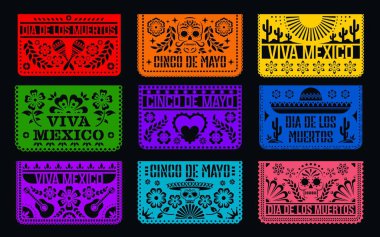 Tatil süslemeleri ve vektör pankartlar için ölü Picado bayraklarının Meksika kağıt kesim günü. Meksika fiesta partisi picado bayrakları kağıt kesikli Catrina Calavera kafatası ve Viva Mexico gitarları