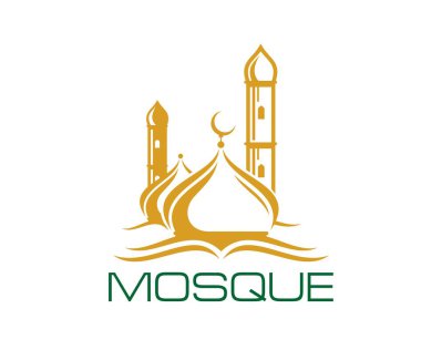 İslam dini bayramı için Ramazan-ı Arap camisi simgesi, vektör sembolü. Müslüman ve Arap kültürü için hilal ay silueti olan cami minarelerinin Ramazan Kareem veya Kurban Mübarek simgesi