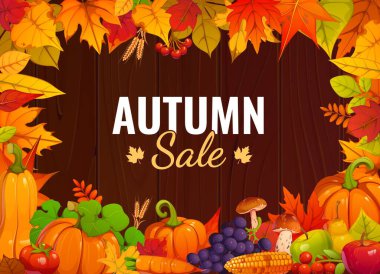 Turuncu balkabakları, kırmızı, kahverengi ve sarı yapraklar, üzüm, mısır koçanı ve ahşap zemin üzerinde mantarlı şenlikli sonbahar indirimi afişi. Çizgi film vektörü mevsimsel promosyon, hasat festivali satış duyurusu