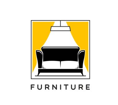 Oda içi mobilya ikonu ya da amblemi. Ev içi marka vektör sembolü, ev oturma odası dekoru tabelası. Daire mobilyası amblemi, siyah kanepe, tavan lambası ve sarı perdeler.