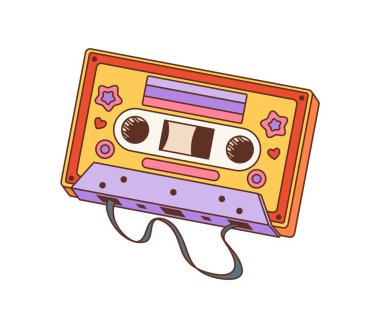 Çizgi film 80 'lerin modası geçmiş kaset etiketi ya da etiketi. Klasik hippi bandı, eski moda vektör etiketi. 70 'lerin funky etiketi veya izole edilmiş etiketi retro müzik çalar kaseti