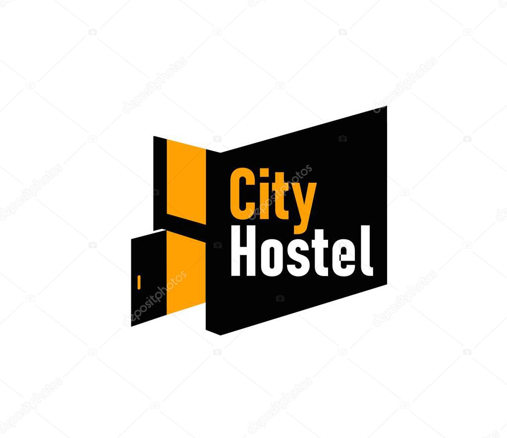 City hostel icon for urban hotel or guest house rooms rent, vector app sign. Hostel icon in modern creative trendy style with door and window light silhouette for hotel apartments or guesthouse