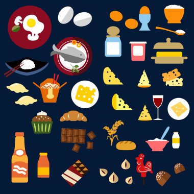 Food, fish, snacks and drinks flat icons