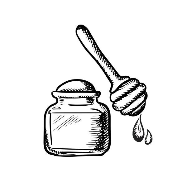 Honey jar with wooden dipper sketch — 스톡 벡터