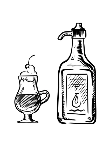 Irischer Kaffee-Sketch mit einer Flasche Sahne — Stockvektor