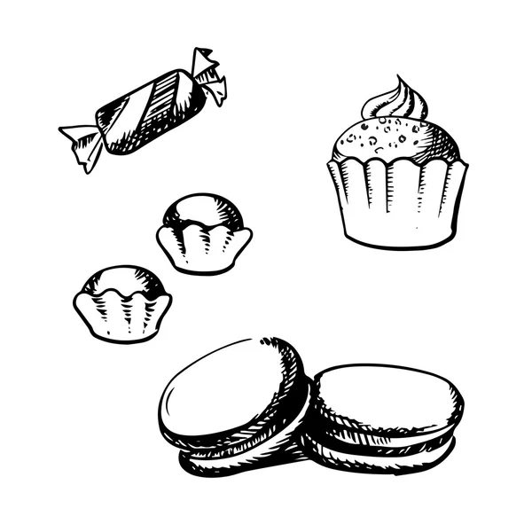 Croquis de cupcake, macaron, truffes et bonbons — Image vectorielle