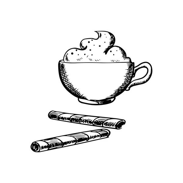 Чашка кофе со сливками и вафельными рулетиками — стоковый вектор