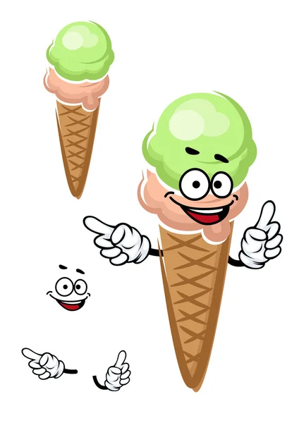 Cartoon strawberry and pistachio ice cream cone — Stockvector