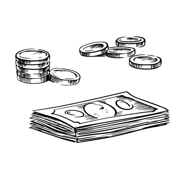 Coins and stacks of dollar bills sketches — Stock Vector