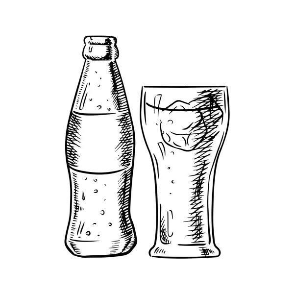 Garrafa de refrigerante e vidro cheio com gelo — Vetor de Stock