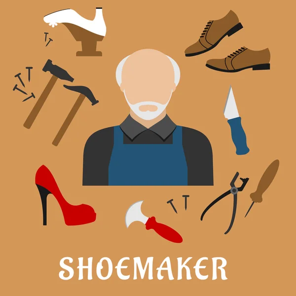 Shoemaker with shoes and tools, flat icons — Stock Vector