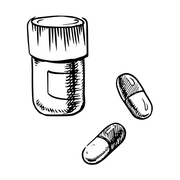 Bottle sketch with pills and capsules — Stock Vector