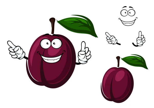 Fruta de ciruela de dibujos animados con cáscara púrpura — Vector de stock