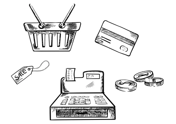 Bocetos de iconos y símbolos de compras — Vector de stock