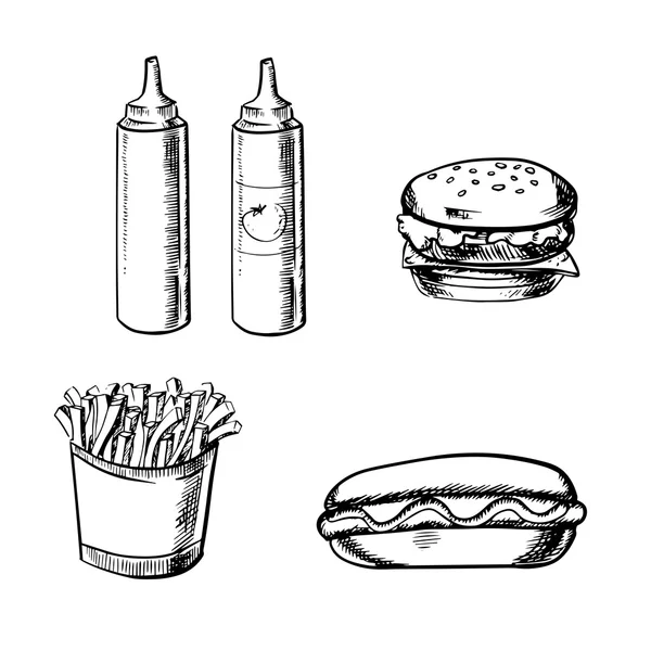 Papas fritas, hamburguesa, perrito caliente y condimento — Vector de stock