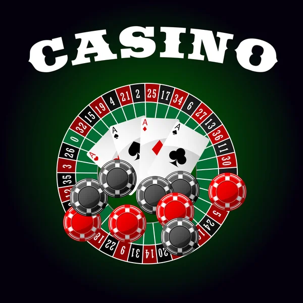 Casino icon with four aces, chips and roulette — Stock Vector