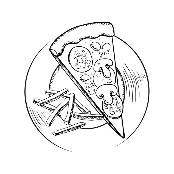 Patatas fritas y boceto de pizza de pepperoni italiano — Vector de stock