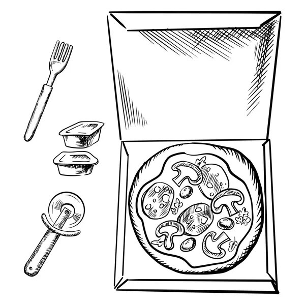 Pizza box, sås koppar, gaffel och skärare skiss — Stock vektor