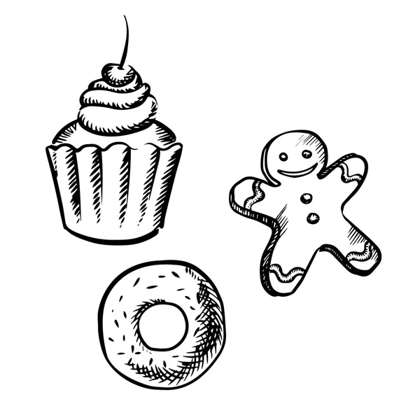 Cupcake, hombre de jengibre y bocetos de donut — Vector de stock