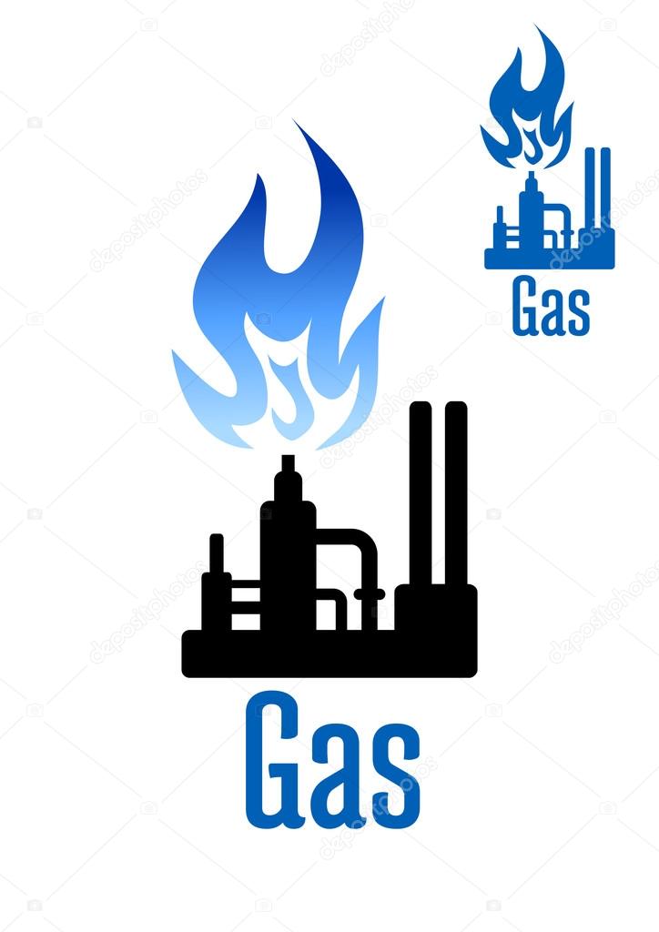 Natural gas processing factory icon with spray tower, pipelines and powerful blue flame above. For industrial theme