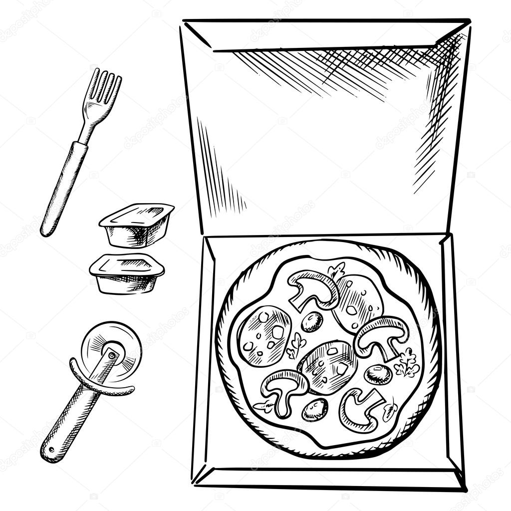 Pizza box, sauce cups, fork and cutter sketch