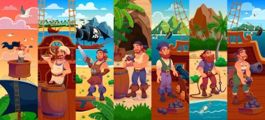 Çizgi film korsan karakterleri, gemi mürettebatı vektör kolajı dürbünlü gözcü, gemi aşçısı, testereli marangoz, topları ve ipleri olan denizci karakterler. Hazine adasında mutlu bir korsan, yelkenli.