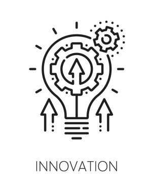 İnovasyon ESG çizgi simgesi veya amblemi. Şirket ESG geliştirme lineart vektör piktogramı, sorumlu sosyal yönetim sembolü. Sürdürülebilir çevre teknolojisi ikonu. Fikir lambası, dişli lamba.