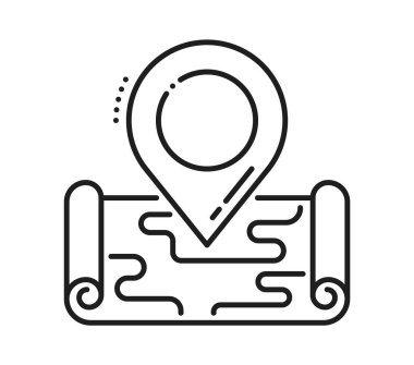 Trip yönü, konum noktası simgesi veya resim. Navigasyon konumu pin veya nokta vektör pictogram, yön doğrusal simgesi. Kağıt harita kaydırma ile seyahat hedef işareti ana hat sembolü veya imza