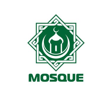 İslam İslam Camii 'nin ruhani simgesi ya da işareti. Müslüman Kuran ruhani amblemi, Arap camisi merkezi vektör sembolü. İslami din okulu simgesi veya yeşil Rub el Hizb, hilal ve minareyle imzası
