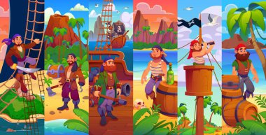 Çizgi film korsan karakterleri kolajı. Vektör sakallı korsan karakterler halatlara tırmanıyor, hazine sandığını koruyor, ufku arıyor ve korsan gemisinde ve hazine adasında rom şişeleriyle rahatlıyor.