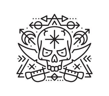 Korsan Jolly Roger kafatası ezoterik çizgi sembolü. Filibuster Deniz Ezoterik Doğrusal Vektör İşareti, Korsan Denizcilik Sembolü. Korsan denizcilik, tarot büyüsü dövmesi, insan kafatası ve haç kılıcı.