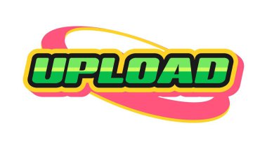 Y2K stiovy etiketi ya da klasik etiketi yükle. Retro çevrimiçi teknoloji karikatür vektör etiketi, klasik funky çıkartması. 2000 'lerin PC web ve internet yazılımları renkli tipografi sözcüğüyle mükemmel etiket veya yama