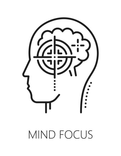 Сосредоточьтесь на психическом здоровье, иконке психологической линии или пиктограмме. Проблема психотерапии очерчивает векторный символ, иконку психического здоровья. Психологическая пиктограмма с силуэтом головы и прицелом оптического прицела