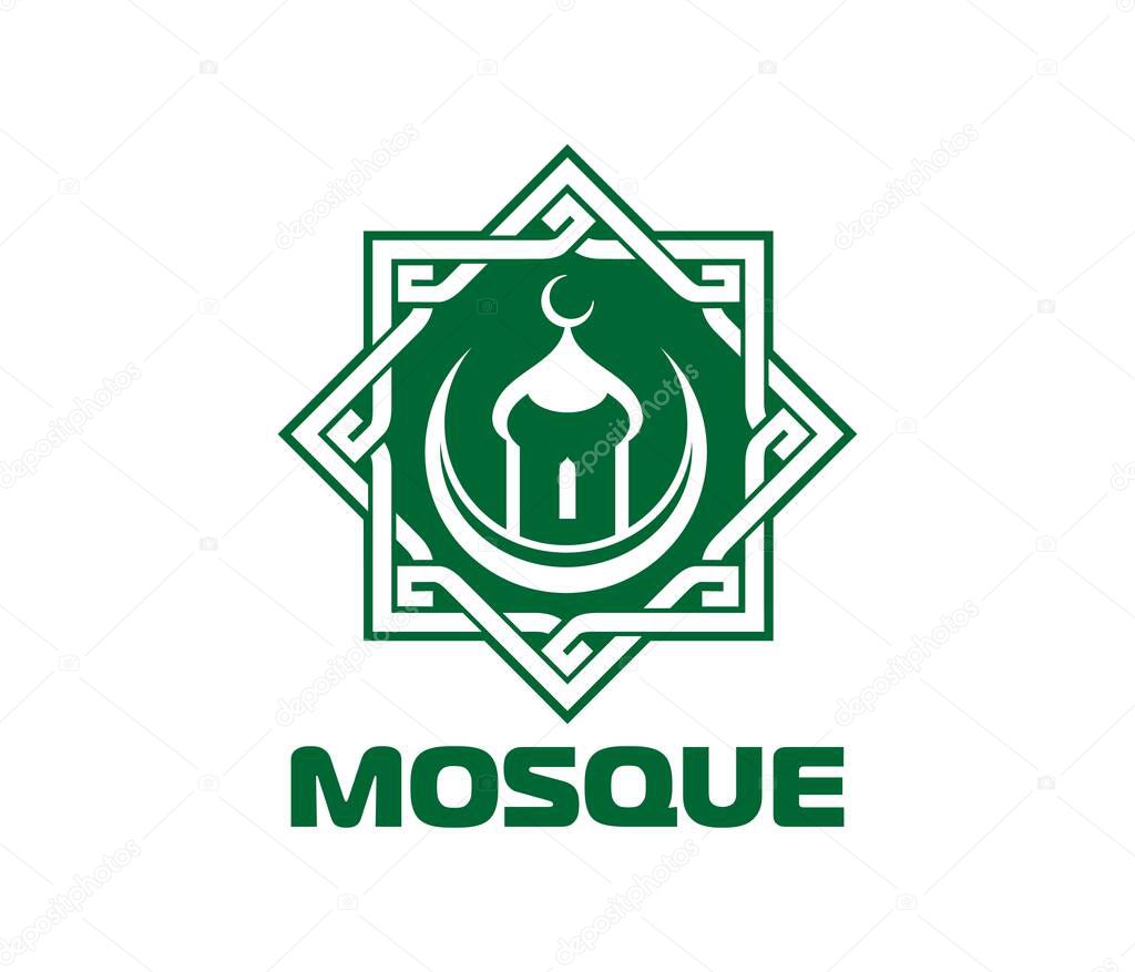 Islamic muslim mosque spiritual icon or sign. Muslim Quran spiritual emblem, Arab mosque center vector symbol. Islamic religion school icon or sign with green Rub el Hizb, crescent and minaret