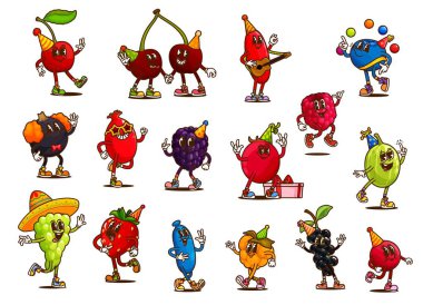 Bayram partisindeki harika çilek karakterleri. Çizgi film mutlu meyve vektör kişiliği retro y2k çilek, kiraz ve üzüm, şık y2k ahududu ve frenk üzümü parti şapkaları, bardaklar ve hediye kutusu