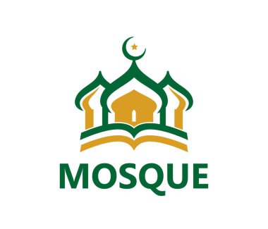Müslüman cami simgesi ya da etiketi. Arap camisi okul sembolü, Müslüman kültür kütüphanesi soyut vektör amblemi. İslami din merkezi işareti veya minare üstleri, hilal ve tipografi içeren bir simge