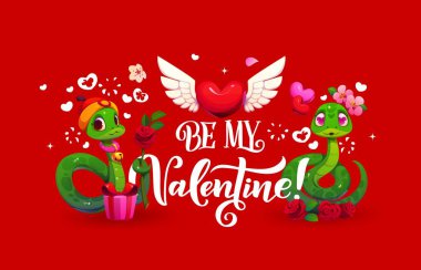 Sevgililer günü tebrik kartım ol. Kalplerle ve çiçeklerle çevrili, birbirine aşık iki yeşil yılanın yer aldığı büyüleyici taşıyıcı bayrak, sevgiyi sembolize eden beyaz zarif harflerle vurgulanmış.