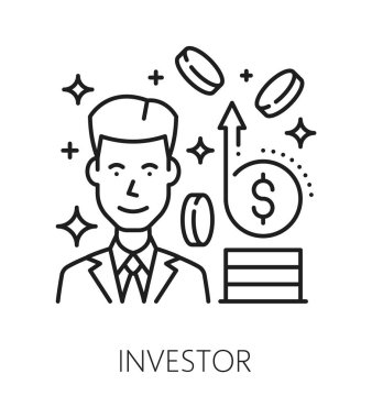 Yatırım yatırımcısı, finans çizgisi ikonu ya da piktogram. Yatırım şirketi vektör sembolü, sermaye yatırımcısı pictogram özeti. Yatırımcı fonu simgesi yatırımcı erkek karakter, madeni paralar yığını