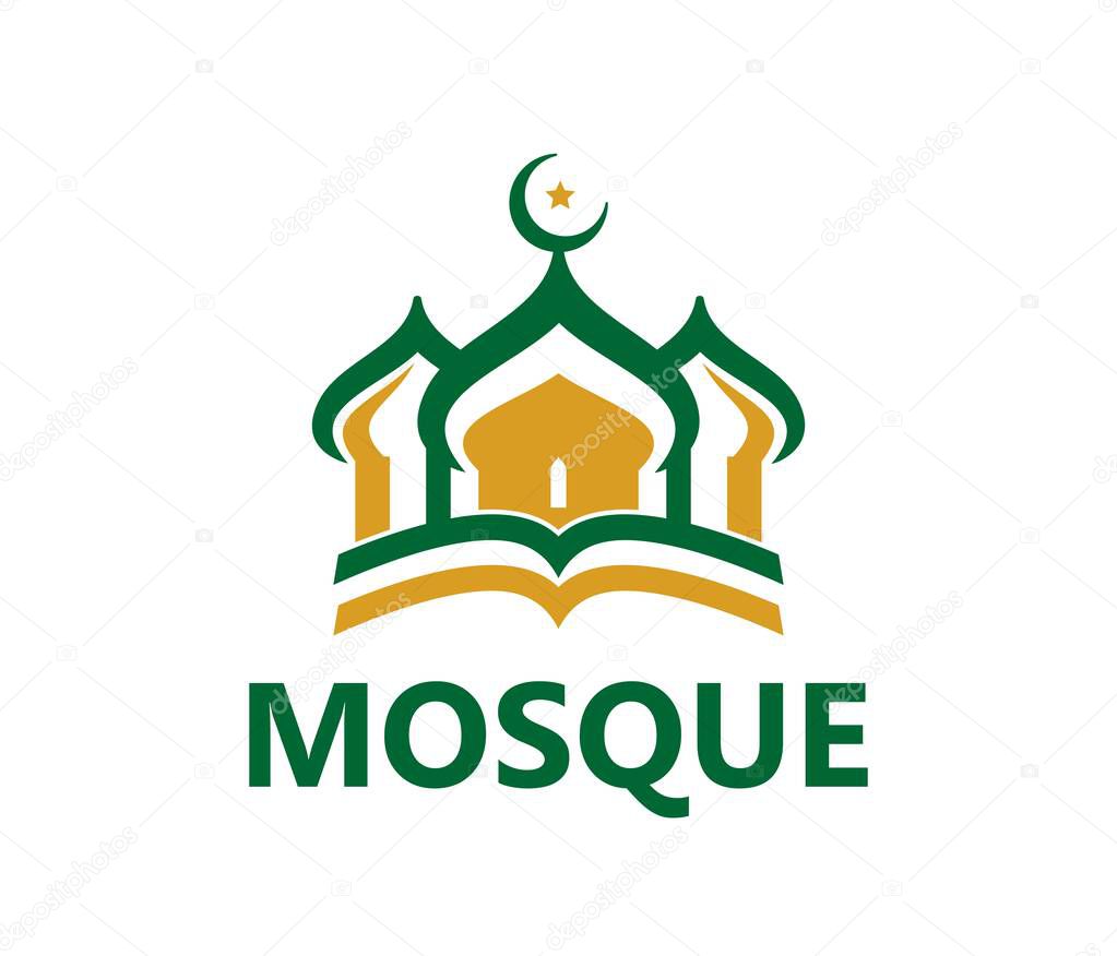 Islamic Muslim mosque graphic icon or label. Arab mosque school symbol, Muslim culture library abstract vector emblem. Islamic religion center sign or icon with minaret tops, crescent and typography