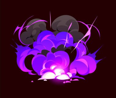 Cartoon purple bomb explosion, magic smoke, fire cloud effect. Fantasy glowing light and dark rising smog. Vector blast or burst with sparks, dust and magical energy power. Vfx comic boom attack