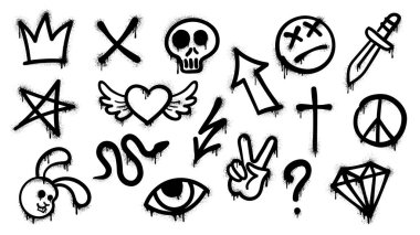 Grunge street art graffiti spray, ink paint vector icons set. Black urban culture elements. Snake, skull, crown and rabbit head, lightning bolt, question mark and winged heart. Eye, star and cross